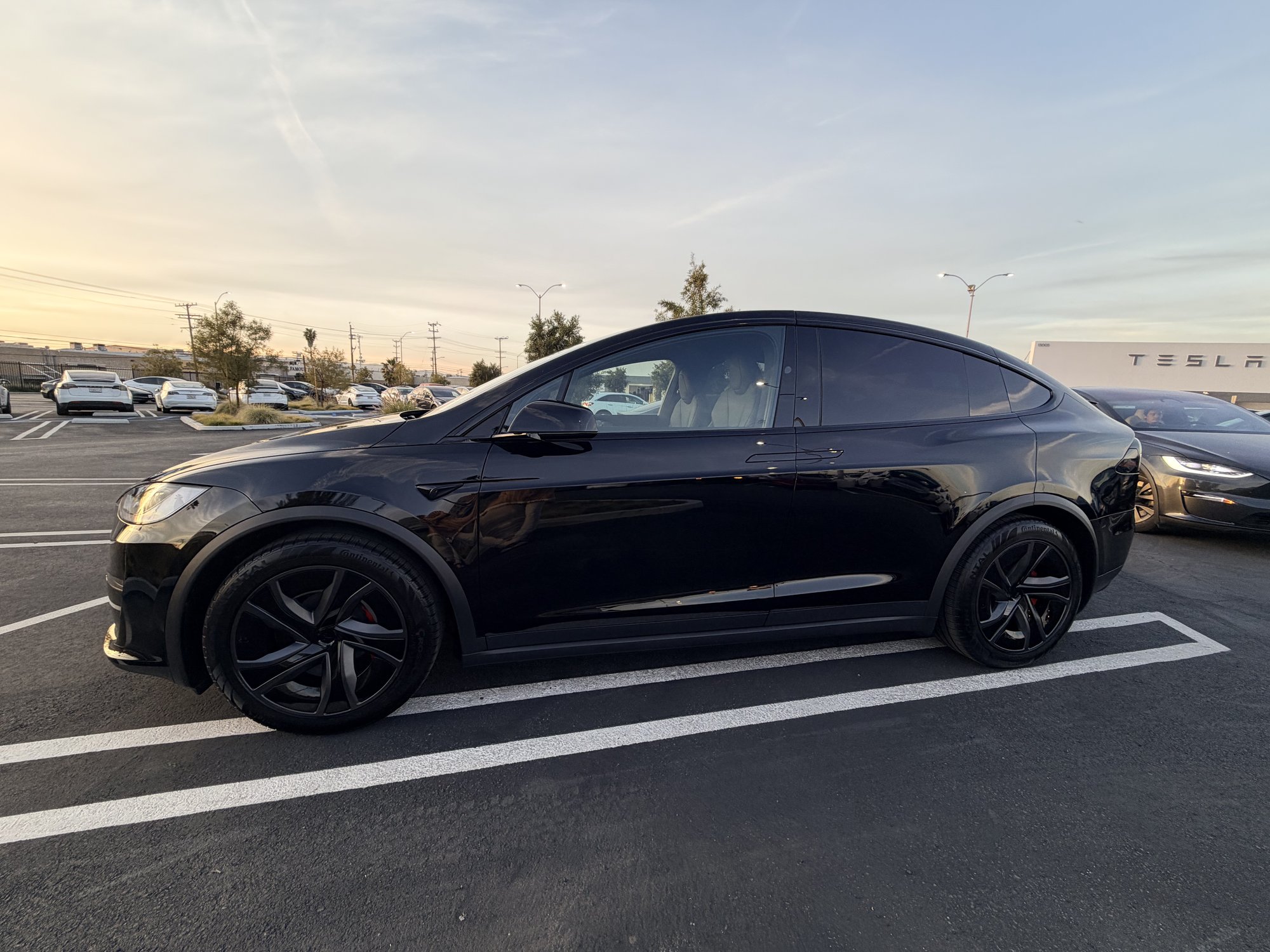 Black 2026 Tesla Model X Plaid, side profile, red performance calipers